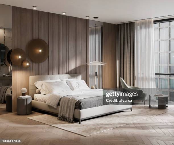 digital render of large hotel suite bedroom - modern bedroom stock pictures, royalty-free photos & images