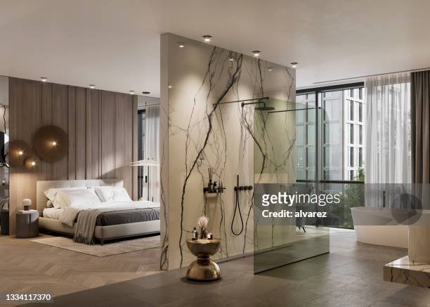 luxurious interior of a five star hotel room in a digital image - en suite stock pictures, royalty-free photos & images