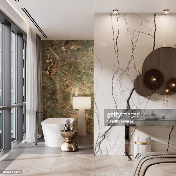 computer image of luxurious and elegant bathroom interiors in a hotel room - suite stock pictures, royalty-free photos & images