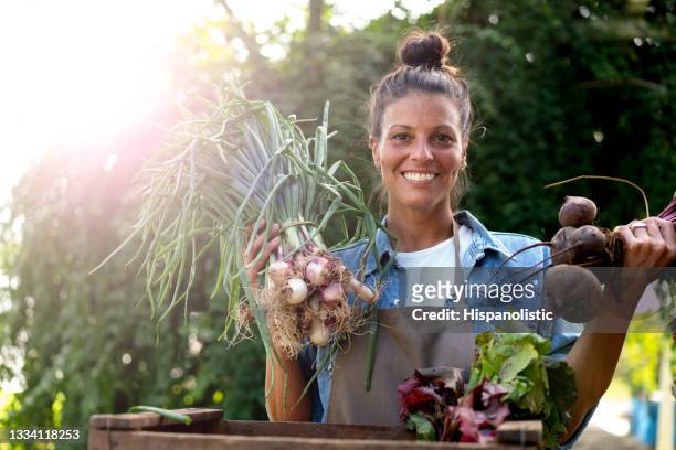 stolzer geschäftsinhaber eines bio-bauernhofs, der frische zwiebeln und rüben hält und in die kamera lächelt - farmer female confident stock-fotos und bilder