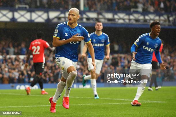 Richarlison of Everton celebrates after scoring their side's first goal during the Premier League match between Everton and Southampton at Goodison...