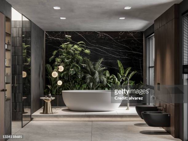 computer generated image of interior of bathroom in 3d with houseplant - dyr bildbanksfoton och bilder