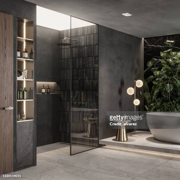 interior of a luxurious bathroom with shower area and bathtub - shower room stock pictures, royalty-free photos & images
