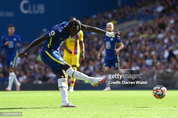 Trevoh Chalobah of Chelsea scores their side's third goal during the Premier League match between Chelsea and Crystal Palace at Stamford Bridge on...