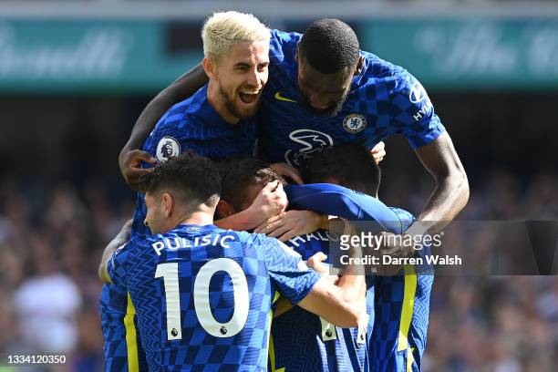 Trevoh Chalobah of Chelsea celebrates with teammates after scoring their side's third goal during the Premier League match between Chelsea and...