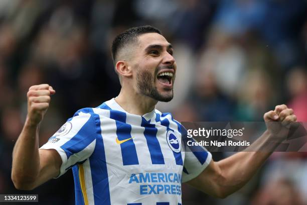 Neal Maupay of Brighton and Hove Albion celebrates after scoring their side's first goal during the Premier League match between Burnley and Brighton...