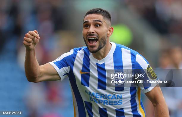 Neal Maupay of Brighton & Hove Albion celebrates after scoring their first goal during the Premier League match between Burnley and Brighton & Hove...