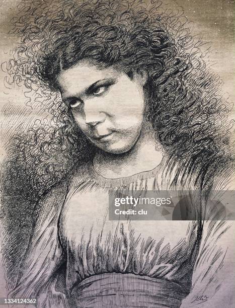 stockillustraties, clipart, cartoons en iconen met woman with piercing eyes and tangled hair looking to the left side - cartoon characters with curly hair