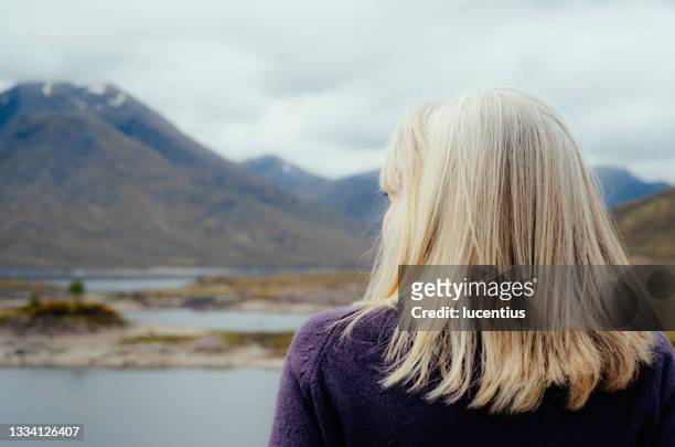woman in tartan, scotland highlands - back of head stockfoto's en -beelden