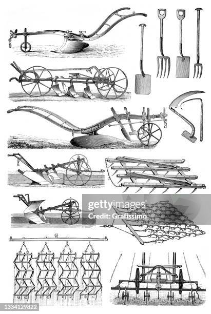 stockillustraties, clipart, cartoons en iconen met agricultural machinery and equipment history drawing 1898 - gravure gefabriceerd object