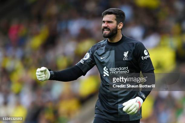 Alisson of Liverpool celebrates their side's first goal scored by teammate Diogo Jota during the Premier League match between Norwich City and...
