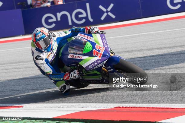 Matteo Ferrari of Italy and Team Gresini MotoE rounds the bend during the MotoGP of Austria - Qualifying at Red Bull Ring on August 14, 2021 in...