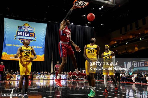 Larry Sanders of Tri-State dunks the ball during the game against the Killer 3's during BIG3 - Week Seven at the Orleans Arena on August 14, 2021 in...