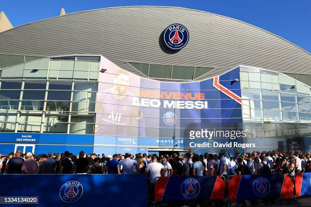 General view outside the stadium as fans gather prior to the Ligue 1 Uber Eats match between Paris Saint Germain and Strasbourg at Parc des Princes...
