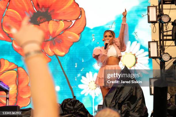 Gabi DeMartino is seen performing at Musikfest on August 13, 2021 in Bethlehem, Pennsylvania.