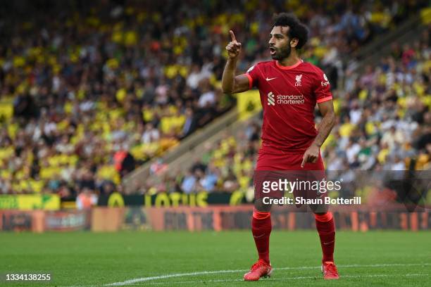 Mohamed Salah of Liverpool celebrates after scoring their side's third goal during the Premier League match between Norwich City and Liverpool at...