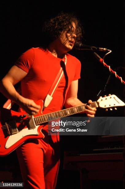 American Alternative Rock musician Jack White, of the group the White Stripes, plays guitar as he performs onstage at Irving Plaza, New York, New...