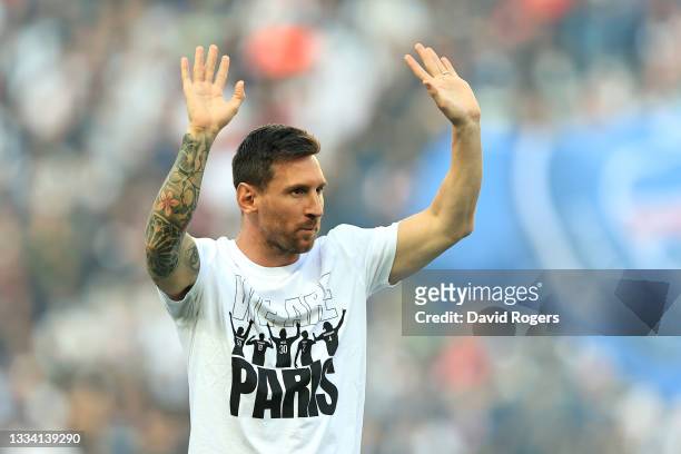 Lionel Messi of Paris Saint-Germain is introduced to the fans prior to the Ligue 1 Uber Eats match between Paris Saint Germain and Strasbourg at Parc...