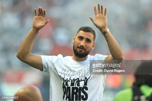 Gianluigi Donnarumma of Paris Saint Germain acknowledges the fans as he is introduced to the fans prior to the Ligue 1 Uber Eats match between Paris...