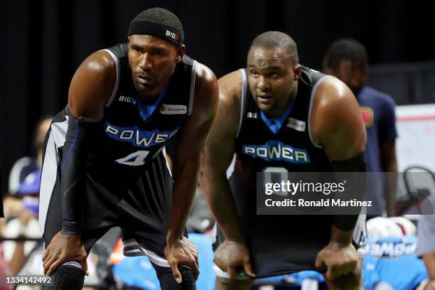 Derrick Byars and Glen Davis of the Power look on during the game against the Trilogy during BIG3 - Week Seven at the Orleans Arena on August 14,...