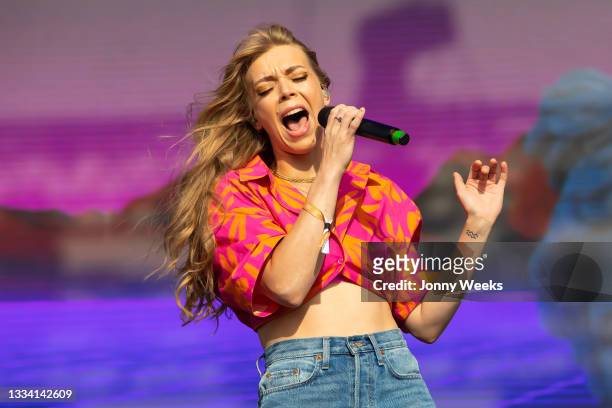 Singer Becky Hill performing during Boardmasters Festival 2021 at Watergate Bay on August 14, 2021 in Newquay, England.