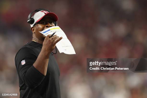 Defensive coordinator Vance Joseph of the Arizona Cardinals on the sidelines during the NFL preseason game at State Farm Stadium on August 13, 2021...