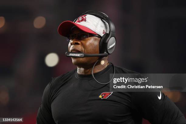 Defensive coordinator Vance Joseph of the Arizona Cardinals on the sidelines during the NFL preseason game at State Farm Stadium on August 13, 2021...