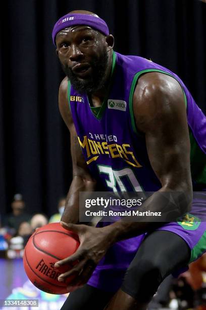 Reggie Evans of the 3 Headed Monsters dribbles the ball during the game against the Ball Hogs during BIG3 - Week Seven at the Orleans Arena on August...