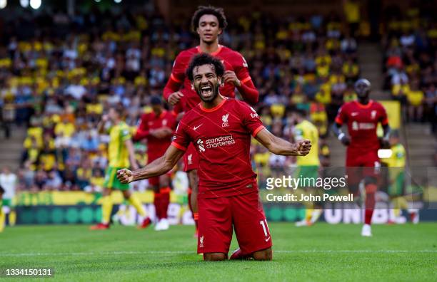 Mohamed Salah of Liverpool celebrates after scoring the third goal during the Premier League match between Norwich City and Liverpool at Carrow Road...
