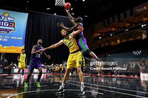 Reggie Evans of the 3 Headed Monsters attempts a shot while being guarded by Spencer Hawes of the Ball Hogs during BIG3 - Week Seven at the Orleans...