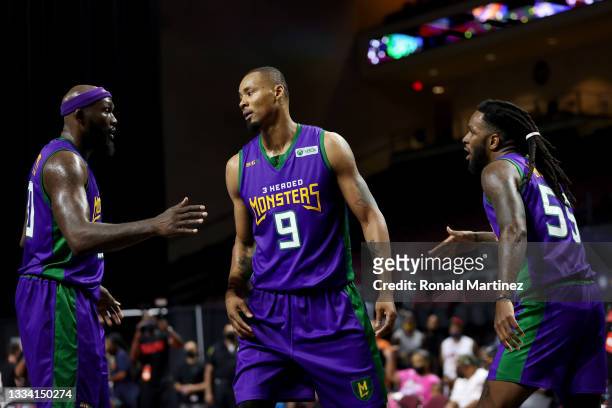 Reggie Evans, Rashard Lewis, and Kevin Murphy of the 3 Headed Monsters celebrate during the game against the Ball Hogs during BIG3 - Week Seven at...