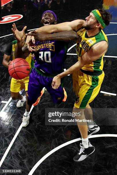 Reggie Evans of the 3 Headed Monsters attempts a shot while being guarded by Spencer Hawes of the Ball Hogs during BIG3 - Week Seven at the Orleans...