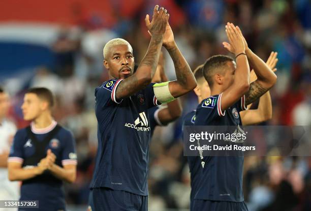 Presnel Kimpembe of Paris Saint-Germain celebrates after the Ligue 1 Uber Eats match between Paris Saint Germain and Strasbourg at Parc des Princes...