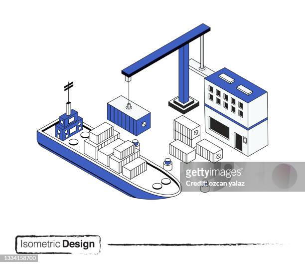 ilustrações, clipart, desenhos animados e ícones de projeto isométrico transporte de carga e conceito de design plano moderno de logística. - container