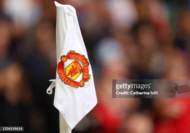 Detailed view of the Manchester United club badge on a corner flag during the Premier League match between Manchester United and Leeds United at Old...