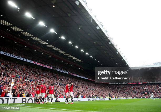 General view inside the stadium as Manchester United celebrate during the Premier League match between Manchester United and Leeds United at Old...