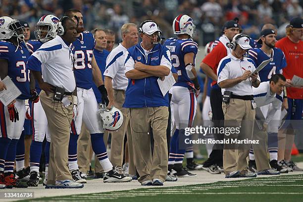 Head coach Chan Gailey of the Buffalo Bills at Cowboys Stadium on November 13, 2011 in Arlington, Texas.