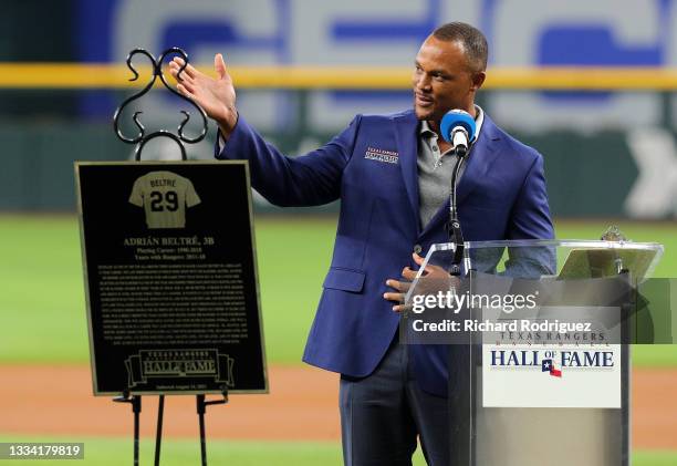 Former Texas Rangers third baseman Adrian Beltre speaks at a ceremony where he was inducted into the Texas Rangers Hall of Fame before the game...