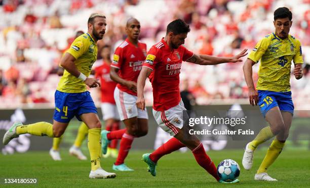 Roman Yaremchuk of SL Benfica with Joao Basso of FC Arouca in action during the Liga Bwin match between SL Benfica and FC Arouca at Estadio da Luz on...