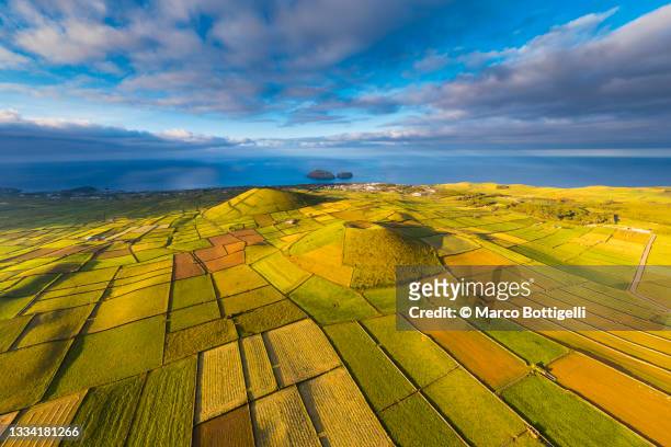 aerial view of craters and farm fields, azores - azores 個照片及圖片檔