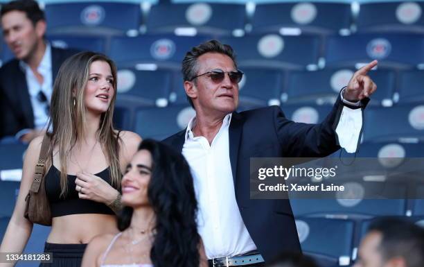 Benjamin Castaldi attends the Ligue 1 Uber Eats match between Paris Saint Germain and Strasbourg at Parc des Princes on August 14, 2021 in Paris,...