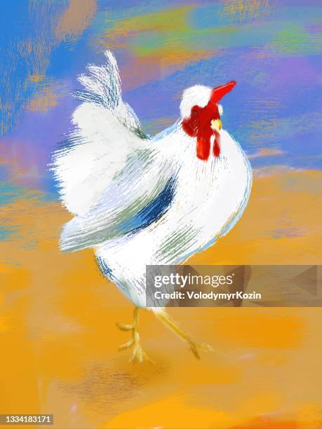 picturesque illustration of a white rooster on a bright colored background - hen stock illustrations