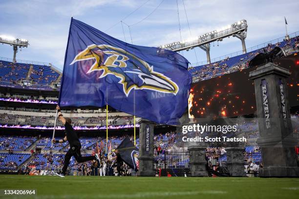 View of the field as the Baltimore Ravens prepare to take the field before the preseason game against the New Orleans Saints at M&T Bank Stadium on...