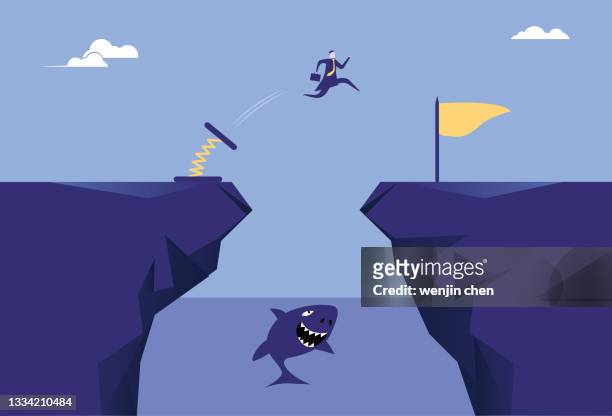 spiral springs help business men cross the cliff towards the goal - abzeichen stock illustrations