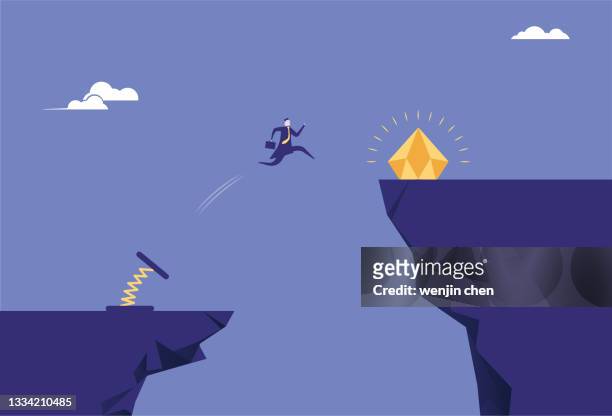 spiral spring helps business men jump on the cliff to get gems - abzeichen stock illustrations