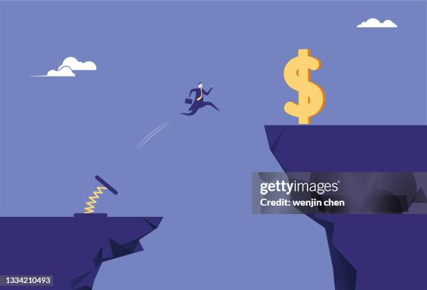 spiral spring hilft geschäftsleuten, auf die klippe zu springen, um dollars zu bekommen - easy stock-grafiken, -clipart, -cartoons und -symbole