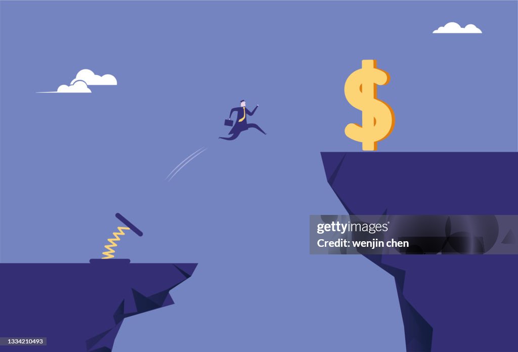 Spiral spring helps business men jump on the cliff to get dollars