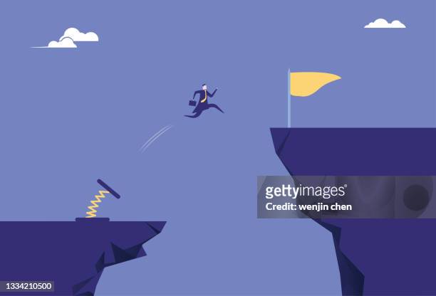 spiral spring helps business man jump on the cliff to reach the goal - abzeichen stock illustrations