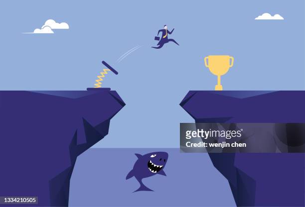 spiral spring helps business men cross the cliff to win the trophy - abzeichen stock illustrations