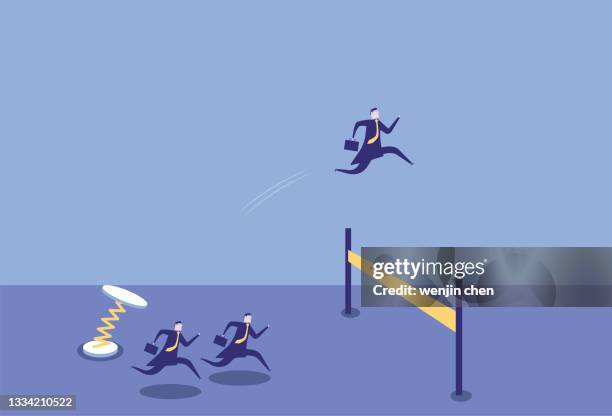 the spiral spring helps one of the business men cross the hurdle - easy solutions stock illustrations